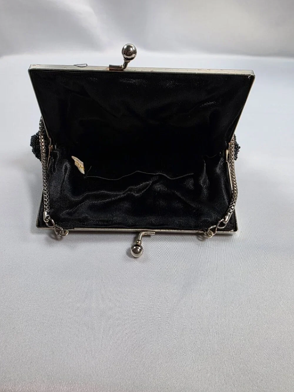 Vintage Walborg Hong Kong Black Beaded Fan Clasp Evening Bag Flapper Art Deco